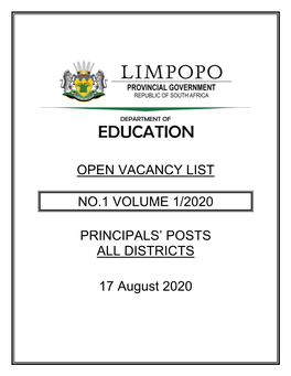 Open Vacancy List No.1 Volume 1/2020 Principals' Posts All