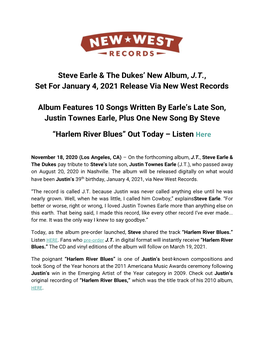 Steve Earle & the Dukes' New Album, ​J.T.​, Set for January 4