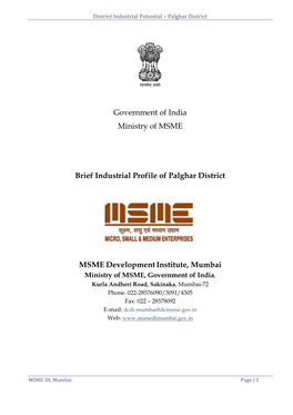 Government of India Ministry of MSME Brief Industrial Profile of Palghar