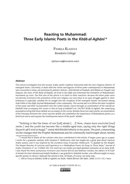 Reacting to Muḥammad: Three Early Islamic Poets in the Kitāb Al-Aghānī *