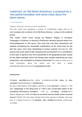 Leiðarvísir, an Old Norse Itinerarium: a Proposal for a New Partial Translation and Some Notes About the Place-Names by Luana Giampiccolo