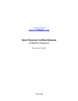 Select Halachot on Rosh Hashana by Rabbi Eli J Mansour