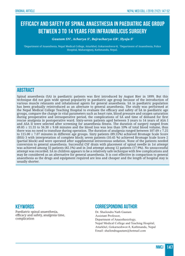 Efficacy and Safety of Spinal Anaesthesia in Paediatric Age Group Between 3 to 14 Years for Infraumblicus Surgery