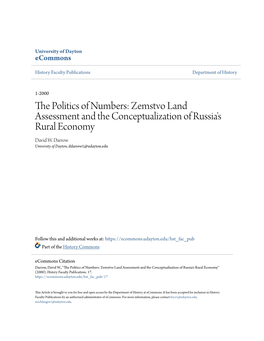 Zemstvo Land Assessment and the Conceptualization of Russia's Rural Economy David W