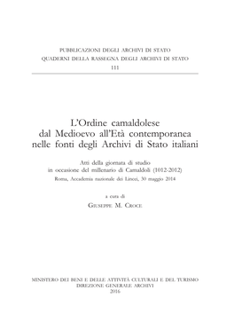 L'ordine Camaldolese Dal Medioevo All'età Contemporanea Nelle Fonti