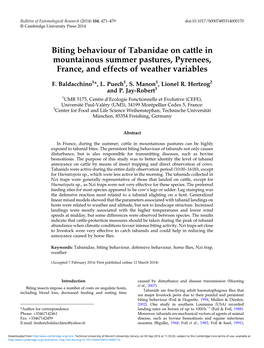 Biting Behaviour of Tabanidae on Cattle in Mountainous Summer Pastures, Pyrenees, France, and Effects of Weather Variables