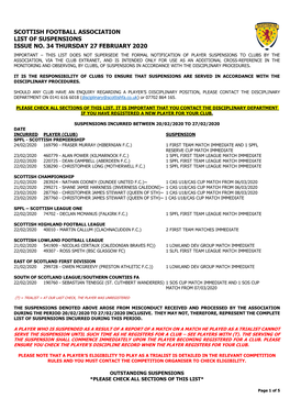 Scottish Football Association List of Suspensions Issue No. 34 Thursday 27 February 2020