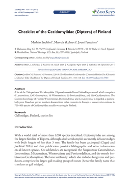 Diptera) of Finland 103 Doi: 10.3897/Zookeys.441.7503 CHECKLIST Launched to Accelerate Biodiversity Research