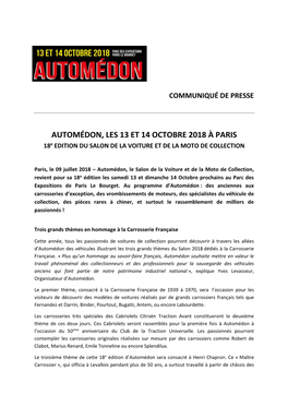 AUTOMÉDON, LES 13 ET 14 OCTOBRE 2018 À PARIS 18E EDITION DU SALON DE LA VOITURE ET DE LA MOTO DE COLLECTION