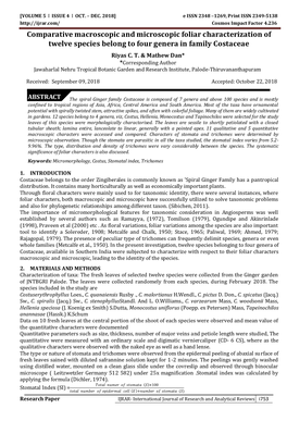 Comparative Macroscopic and Microscopic Foliar Characterization of Twelve Species Belong to Four Genera in Family Costaceae Riyas C