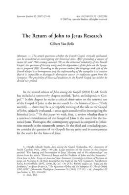 The Return of John to Jesus Research Gilbert Van Belle