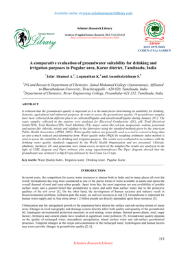 A Comparative Evaluation of Groundwater Suitability for Drinking and Irrigation Purposes in Pugalur Area, Karur District, Tamilnadu, India