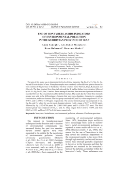 Use of Honeybees As Bio-Indicators of Environmental Pollution in the Kurdistan Province of Iran