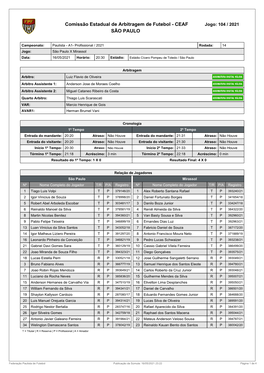 Comissão Estadual De Arbitragem De Futebol - CEAF Jogo: 104 / 2021 SÃO PAULO