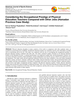 Considering the Occupational Prestige of Physical Education Teachers Compared with Other Jobs (Hamadan Province Case Study)