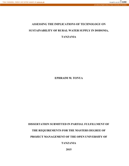 Assessing the Implications of Technology on Sustainability of Rural Water Supply in Dodoma, Tanzania Ephraim M. Tonya Dissertati