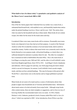 What Shall We Have for Dinner Today?: a Quantitative and Qualitative Analysis of the Misses Carew's Menu Book 1880 to 1883