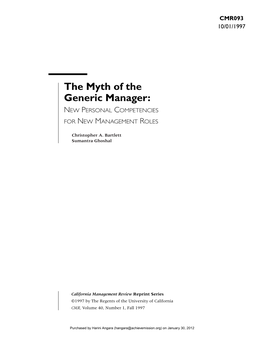 The Myth of the Generic Manager: NEW PERSONAL COMPETENCIES for NEW MANAGEMENT ROLES