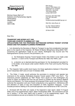 Dear Sirs, TRANSPORT and WORKS ACT 1992 TOWN and COUNTRY PLANNING ACT 1990 APPLICATIONS for the PROPOSED NOTTINGHAM EXPRESS TRAN