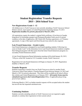 Student Registration/ Transfer Requests 2015 – 2016 School Year