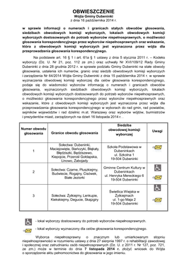 OBWIESZCZENIE Wójta Gminy Dubeninki Z Dnia 16 Października 2014 R