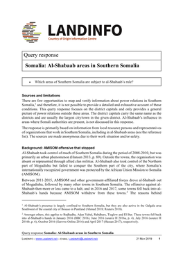 Query Response Somalia: Al-Shabaab Areas in Southern Somalia