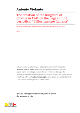 Antonio Violante the Creation of the Kingdom of Croatia in 1941 on the Pages of the Periodical “L’Illustrazione Italiana”