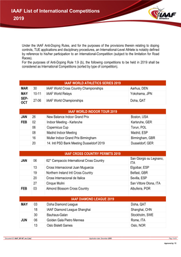 IAAF List of International Competitions 2019