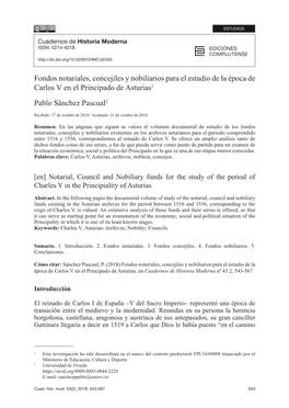 Fondos Notariales, Concejiles Y Nobiliarios Para El Estudio De La Época De Carlos V En El Principado De Asturias1 Pablo Sánchez Pascual2