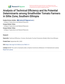 Analysis of Technical Efficiency and Its Potential Determinants Among Smallholder Tomato Farmers in Siltie Zone, Southern Ethiopia