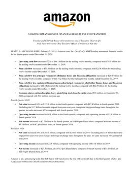 Amazon.Com Announces Financial Results and Ceo Transition