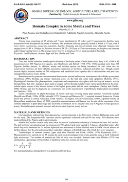 Stomata Complex in Some Shrubs and Trees Obembe, O