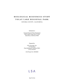 Biological Resources Study Tolay Lake Regional Park Sonoma County, California