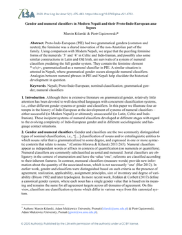 Gender and Numeral Classifiers in Modern Nepali and Their Proto-Indo-European Ana- Logues Marcin Kilarski & Piotr Gąsiorowski*