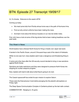 BTN: Episode 27 Transcript 19/09/17