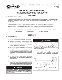 Model 1000Hp - Cryogenic Pressure Reducing Regulator Section I I