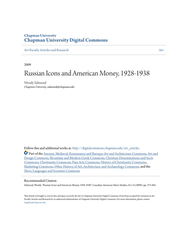 Russian Icons and American Money, 1928-1938 Wendy Salmond Chapman University, Salmond@Chapman.Edu