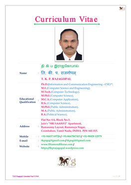 Prof. Er. T.K.P. Rajagopal – Curriculum Vitae