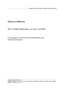 Wer Verfaßte Hartmanns Von Aue Lied XII?