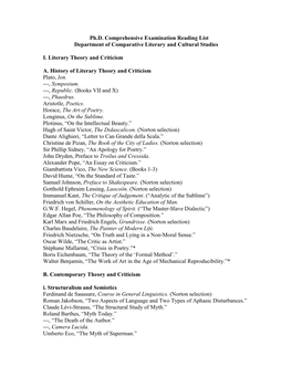 Ph.D. Comprehensive Examination Reading List Department of Comparative Literary and Cultural Studies