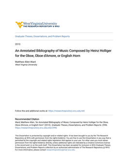 An Annotated Bibliography of Music Composed by Heinz Holliger for the Oboe, Oboe D'amore, Or English Horn