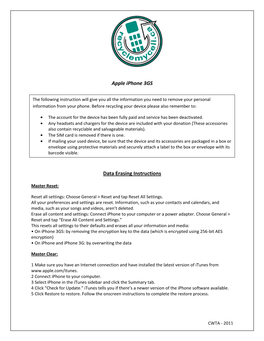 Apple Iphone 3GS Data Erasing Instructions