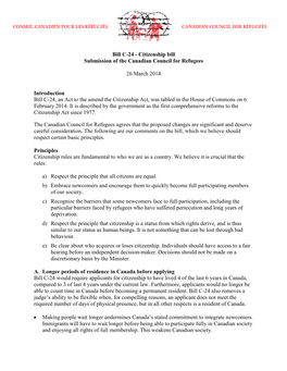 Bill C-24 - Citizenship Bill Submission of the Canadian Council for Refugees