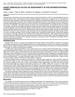 Karst Sinkholes As Foci of Biodiversity in the Hoosier National Forest