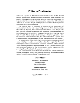 Colloquy Is a Journal of the Department of Communication Studies, Funded Through Instructionally Related Activities at California State University, Los Angeles