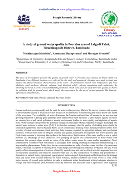 A Study of Ground Water Quality in Poovalur Area of Lalgudi Taluk, Tiruchirappalli District, Tamilnadu