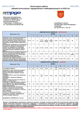 Harmonogram Odbioru Odpadów Komunalnych, Segregowanych I Wielkogabarytowych Na 2020 Rok