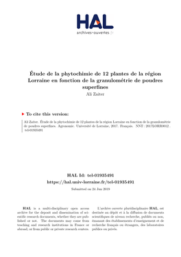 Étude De La Phytochimie De 12 Plantes De La Région Lorraine En Fonction De La Granulométrie De Poudres Superfines Ali Zaiter