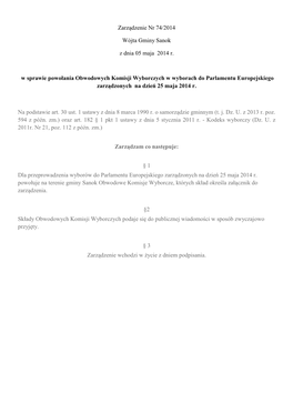 Zarządzenie Nr 74/2014 Wójta Gminy Sanok Z Dnia 05 Maja 2014 R. W