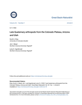Late Quaternary Arthropods from the Colorado Plateau, Arizona and Utah